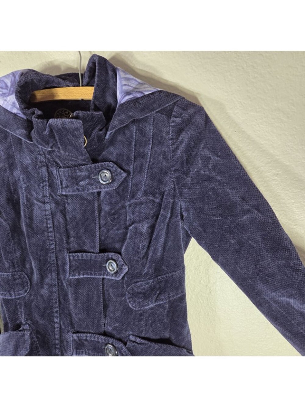 Anthropologie Idra Navy Blue Corduroy Hooded Jacket Size 0 Floral Swirl Lining - Picture 8 of 16